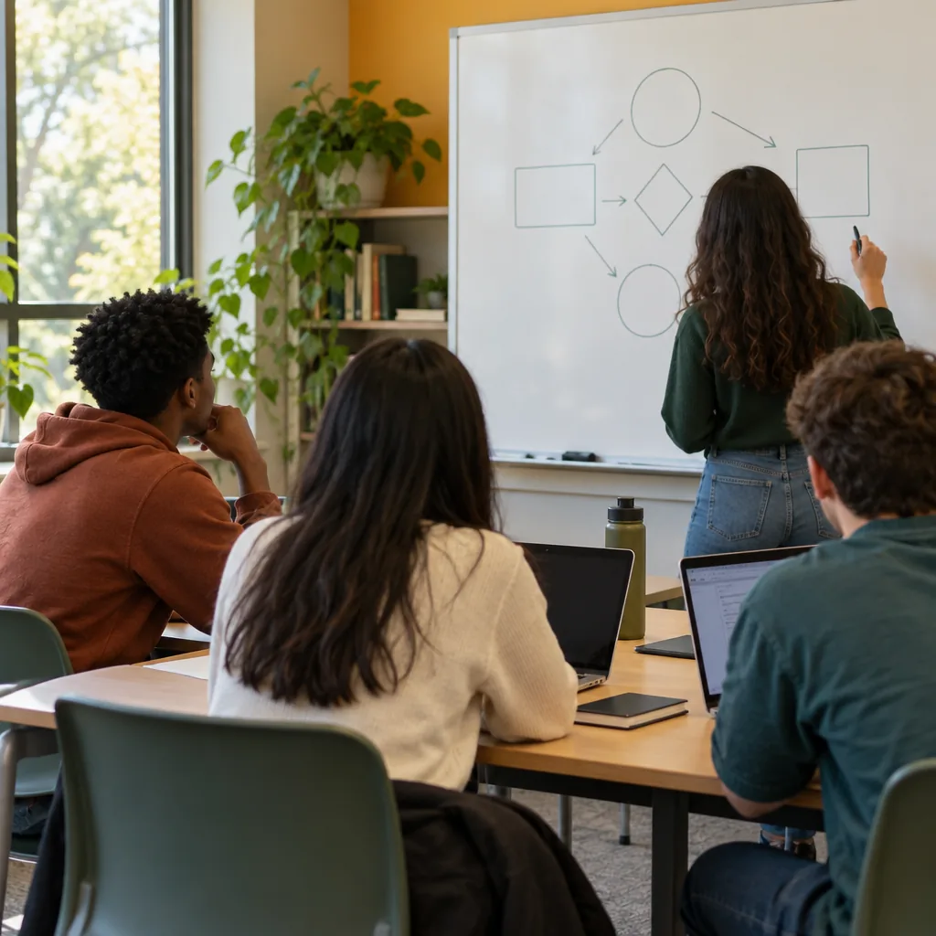 Illustration of students reviewing a business plan in a classroom
