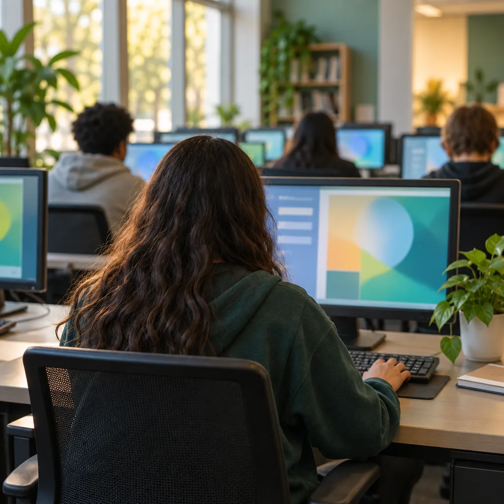 Illustration of a student working at a computer lab terminal