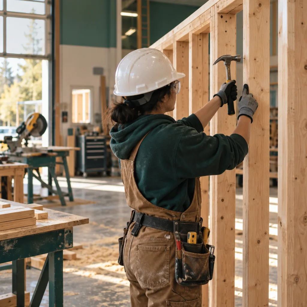 Illustration of a student framing a wood wall in a construction workshop
