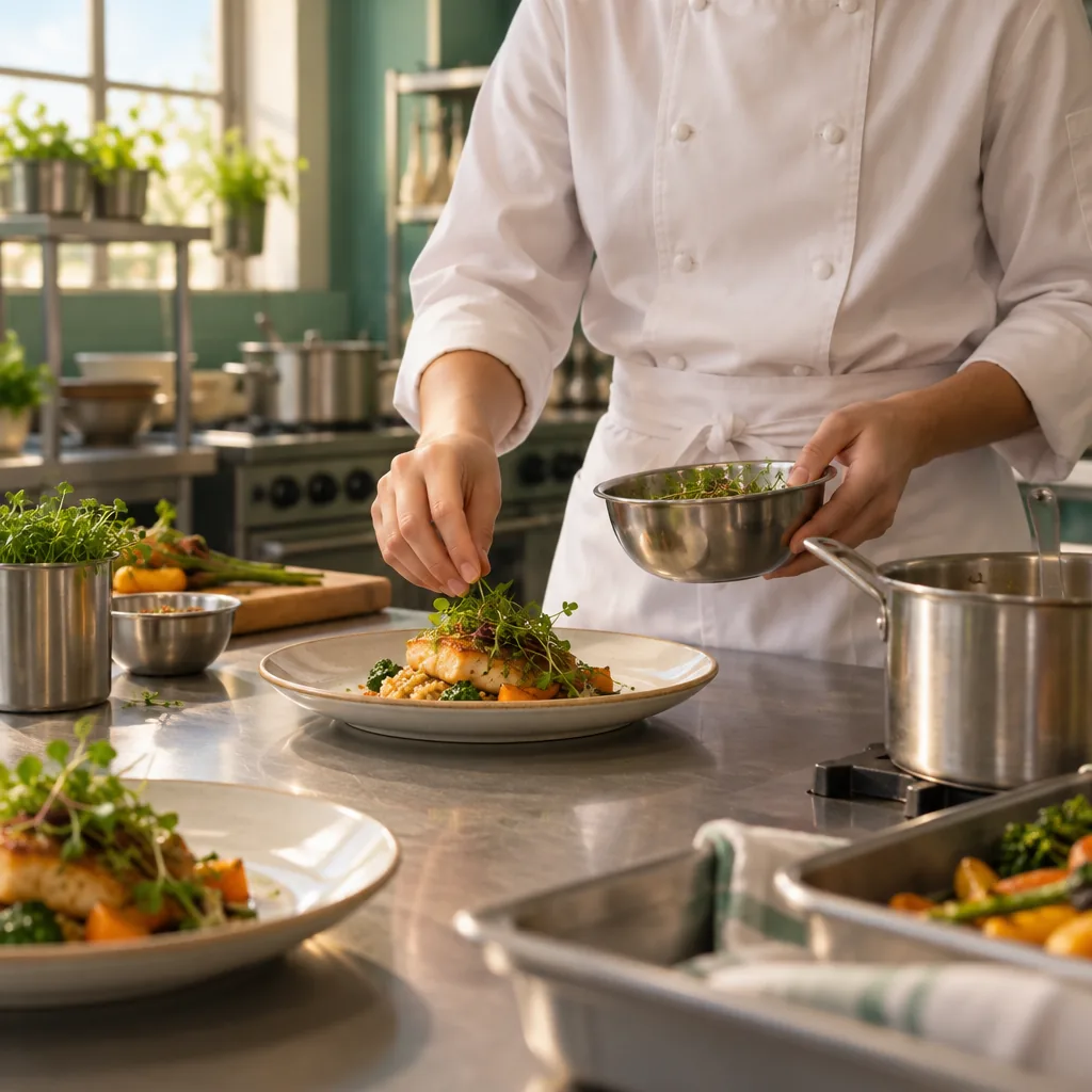 Illustration of a student plating food in a culinary training kitchen