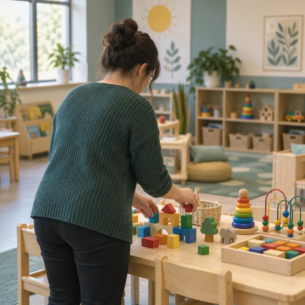 Illustration of a model early-childhood classroom with toys and blocks