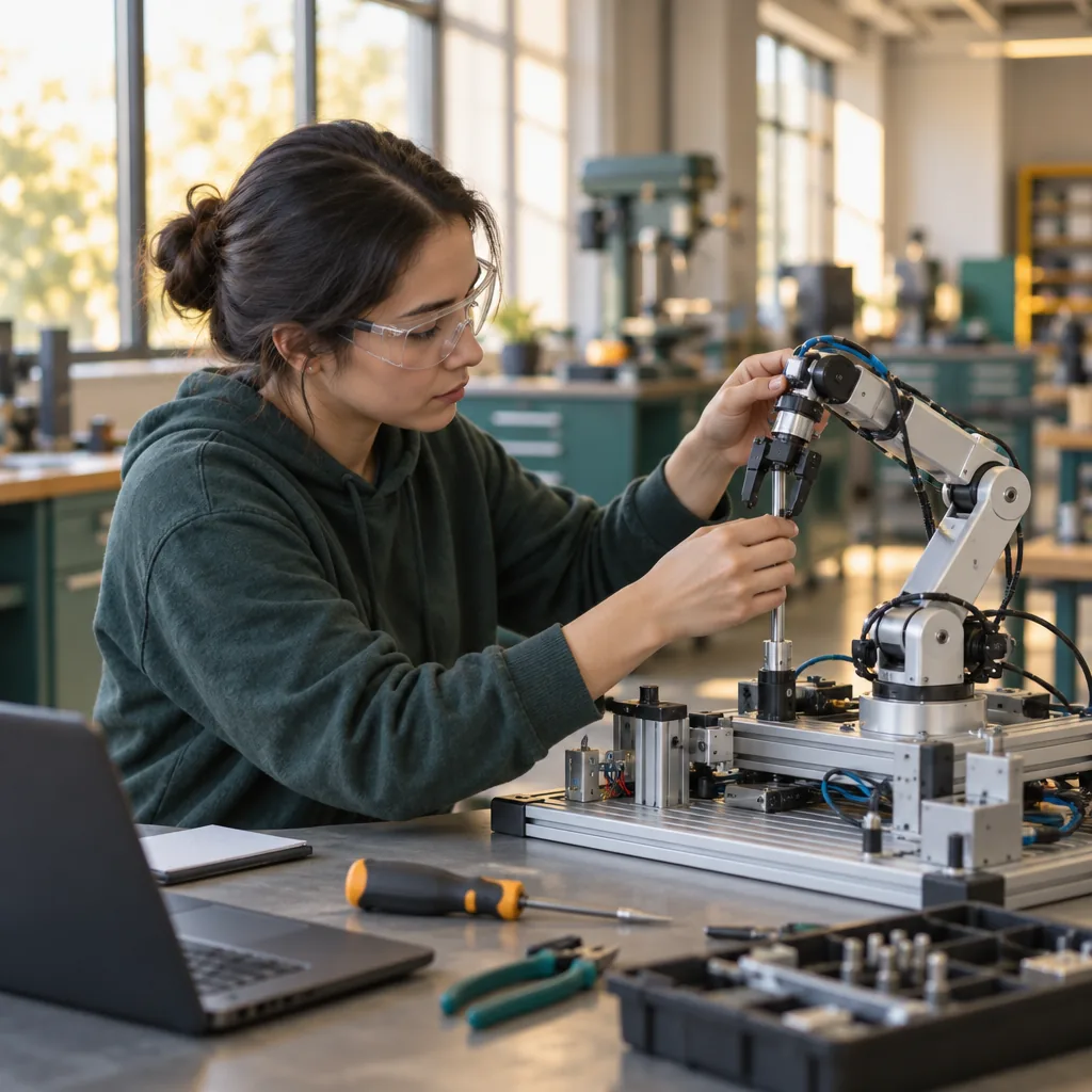 Illustration of a student working at a mechatronics trainer bench