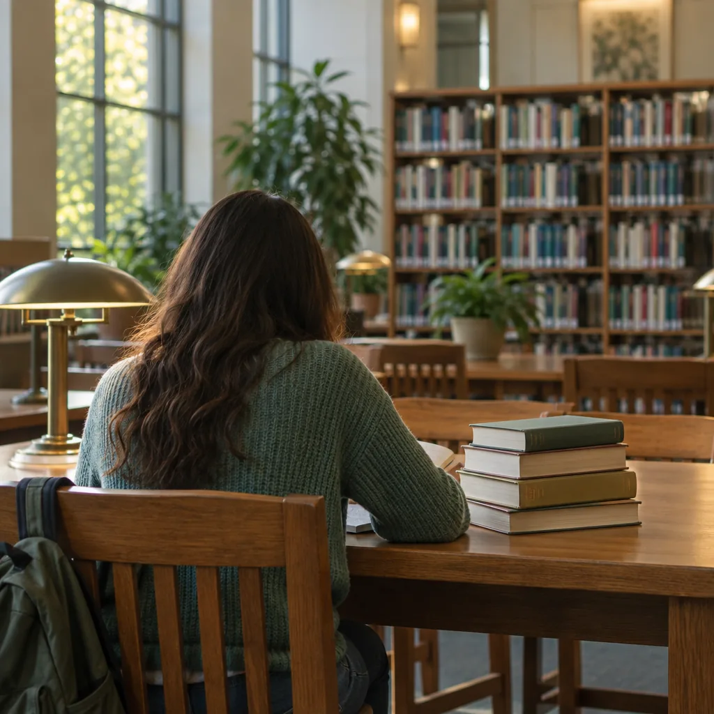 Illustration of a student reading in a library reading room