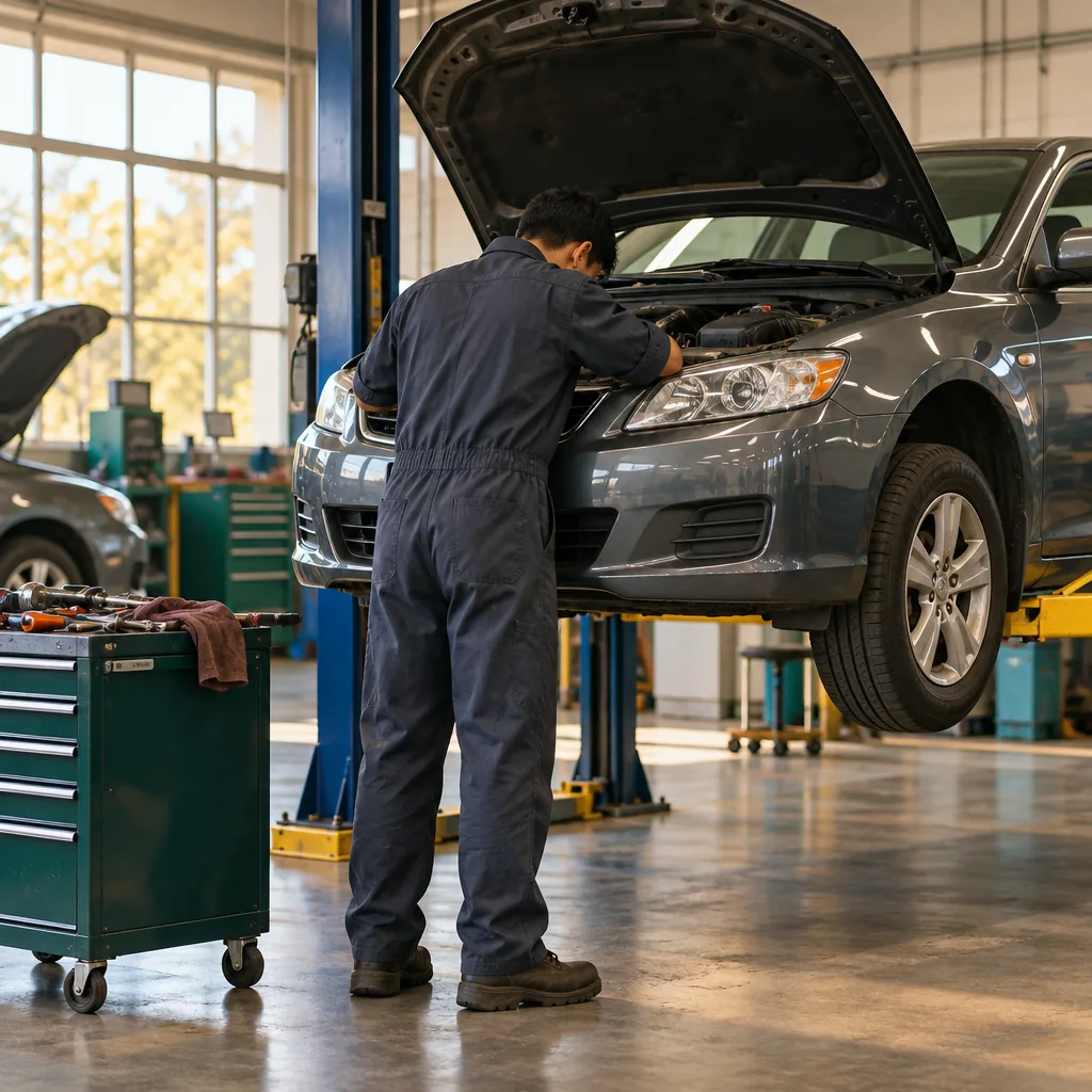 Illustration of a student working under a car hood in an automotive shop
