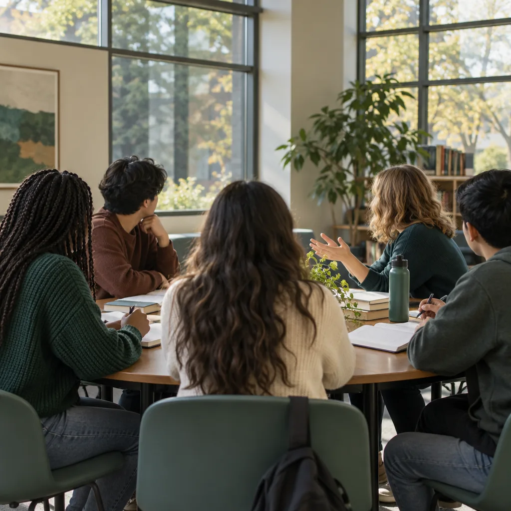 Illustration of students in a seminar-room discussion