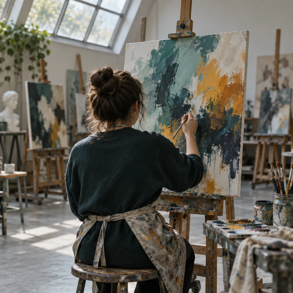 Illustration of a student painting at an easel in an art studio