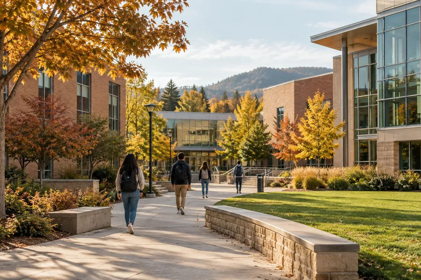 Illustration of a sunlit community college campus courtyard